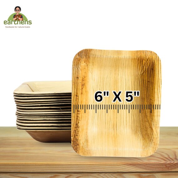 Earthens 6" x 5" Rectangular Deep Palm Leaf Plate – Natural Beige - Image 5