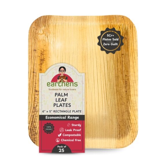 Earthens 6" x 5" Rectangular Deep Palm Leaf Plate – Natural Beige
