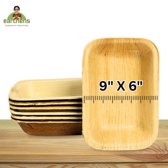 Earthens 9" x 6" Rectangular Deep Palm Leaf Plate – Natural Beige - Image 5