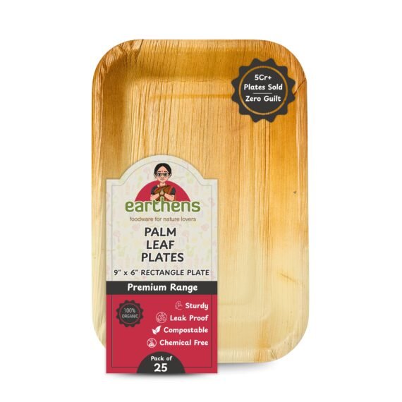 Earthens 9" x 6" Rectangular Deep Palm Leaf Plate – Natural Beige