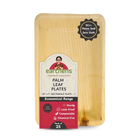 Earthens 10" x 7" Rectangular Deep Palm Leaf Plate – Natural Beige