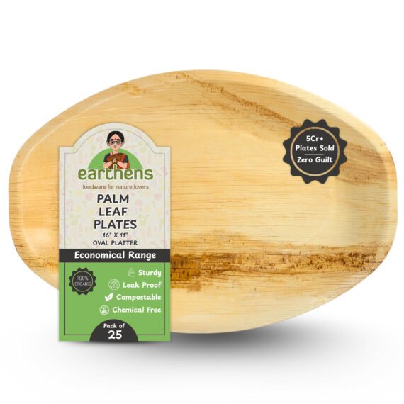 Earthens 16" x 11" Oval Medium Palm Leaf Tray – Natural Beige
