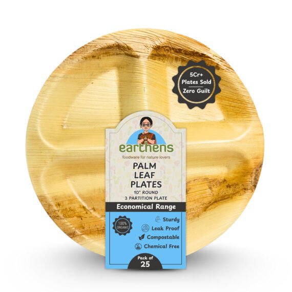 Earthens 10" 3-Compartment Round Palm Leaf Plate – Natural Beige