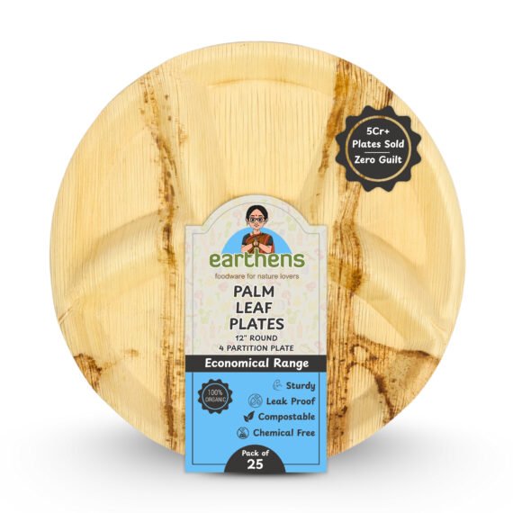 Earthens 12" 4-Compartment Round Palm Leaf Plate – Natural Beige