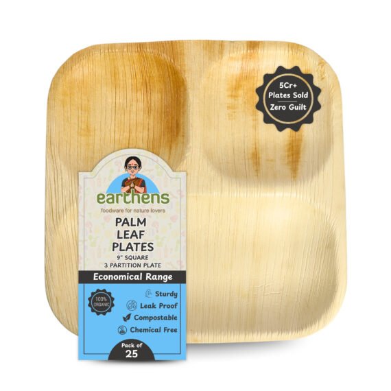 Earthens 9" 3-Compartment Square Palm Leaf Plate – Natural Beige