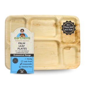 Earthens 14" x 10" 6-Compartment Round Palm Leaf Plate – Natural Beige