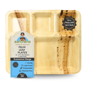 Earthens 12" x 10" 5-Compartment Round Palm Leaf Plate – Natural Beige